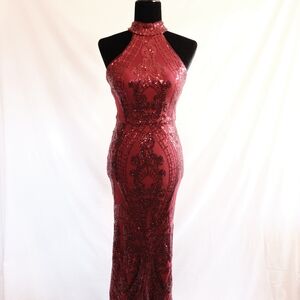 Betsy & Adam Burgundy Sequin Halter Gown